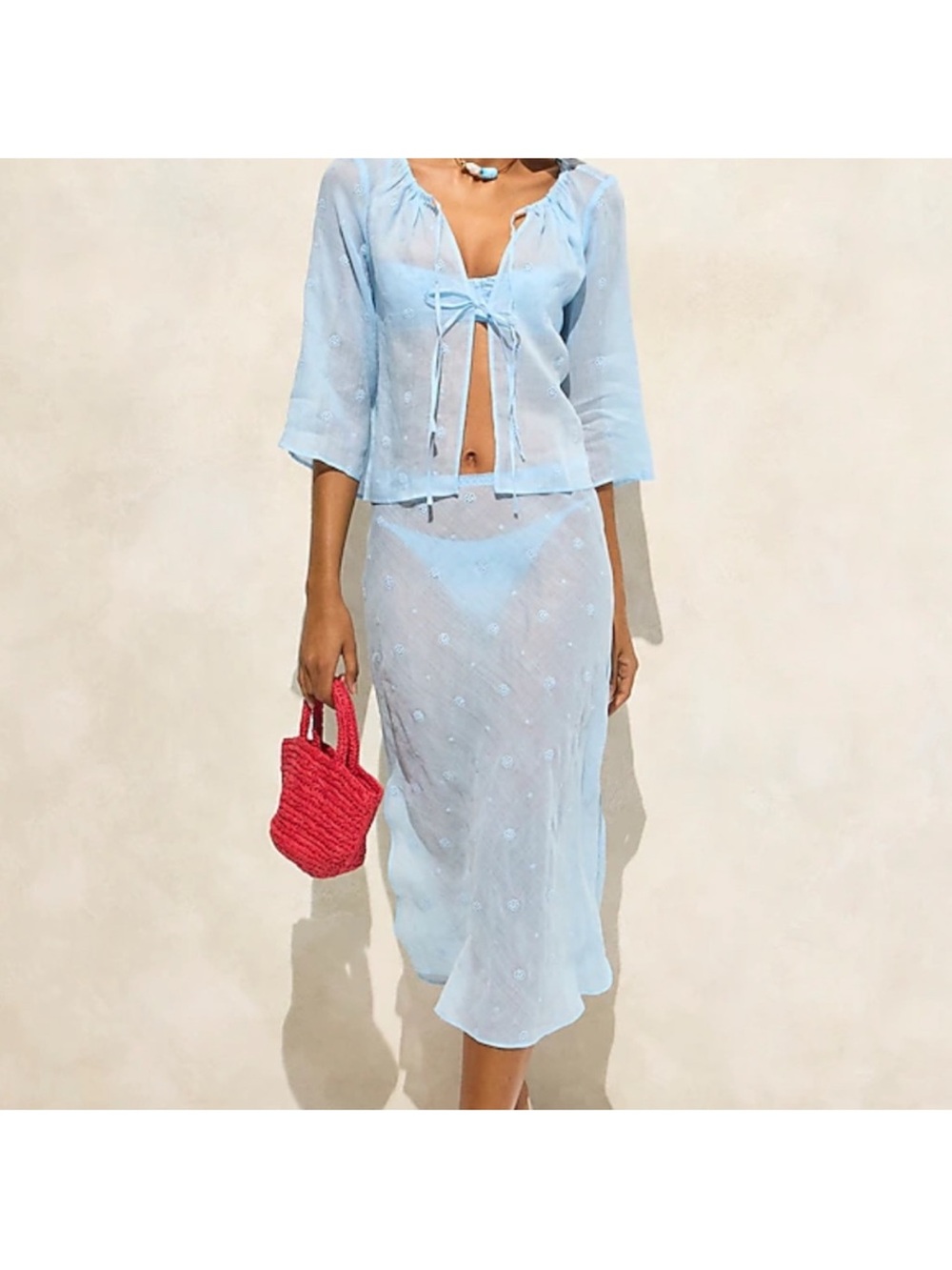 J. Crew Pale Blue Eyelet Tie-Neck Blouse and Skirt - Picture 3 of 3
